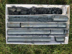 Geotechnical core samples laid out in core trays for logging